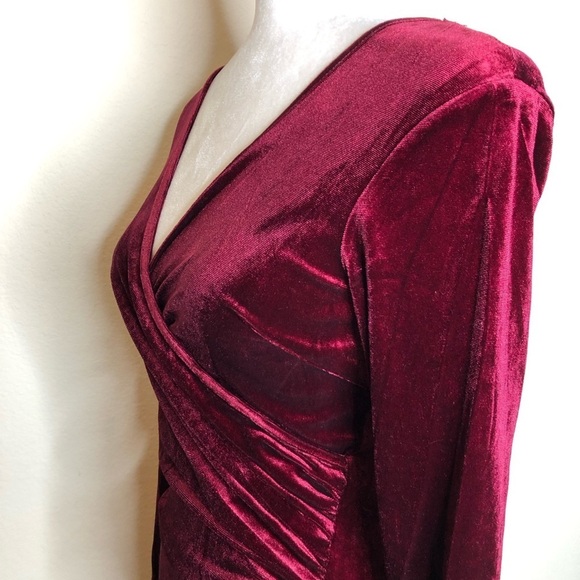 Zaberry Wine Red Velour Velvet Wrap Stretch Mermaid Midi Dress Valentine’s Day - Picture 11 of 14